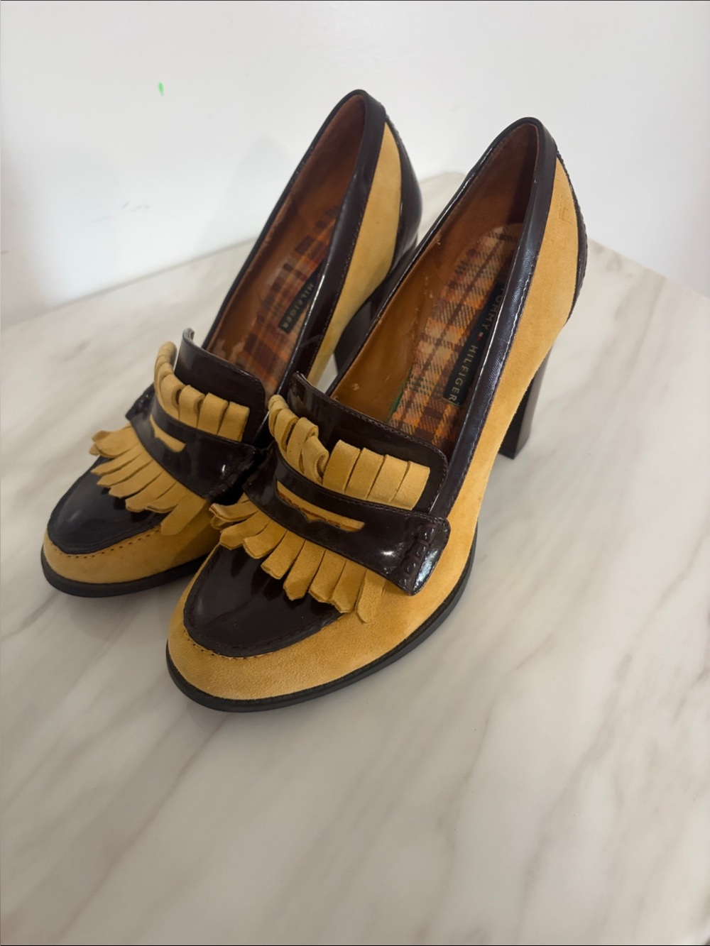 Tommy Hilfiger Vintage Mustard Suede and Dark Brown Heeled Loafers